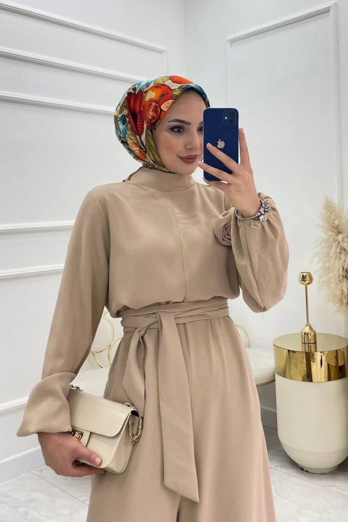 Rose Jumpsuit with Stand Collar and Belt  -Mink color
