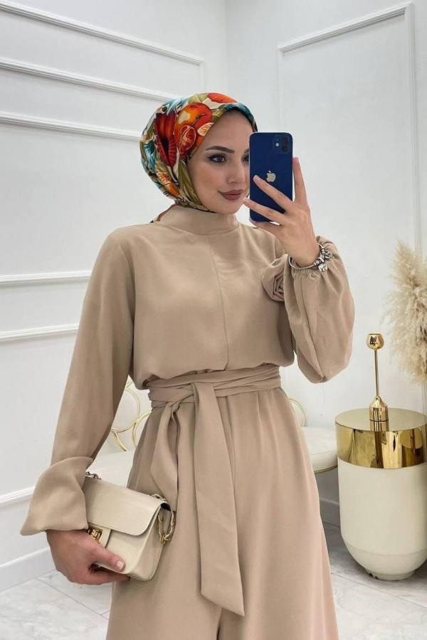 Rose Jumpsuit with Stand Collar and Belt  -Mink color