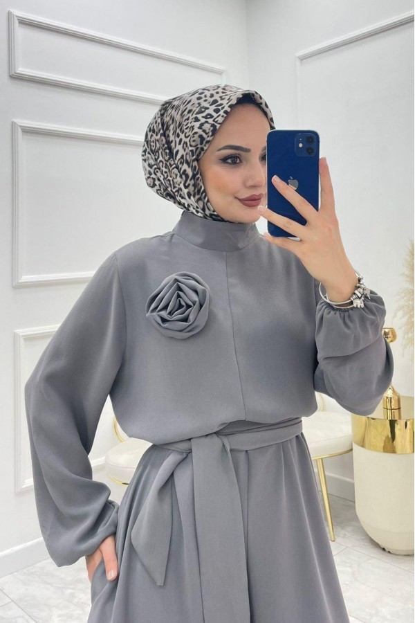 Rose Jumpsuit with Stand Collar and Belt  -Grey