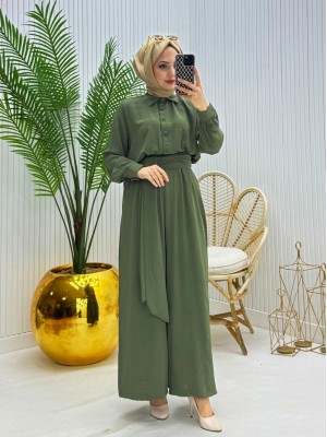 Yarım Düğmeli Kemerli Beli Lastikli Tulum -Haki