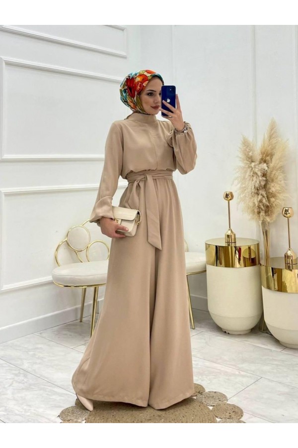 Rose Jumpsuit with Stand Collar and Belt  -Mink color