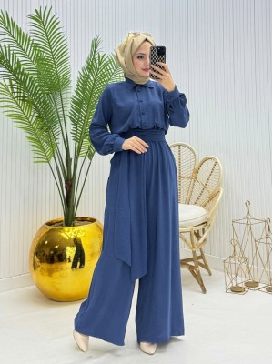 Yarım Düğmeli Kemerli Beli Lastikli Tulum -İndigo