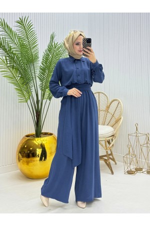 Yarım Düğmeli Kemerli Beli Lastikli Tulum -İndigo