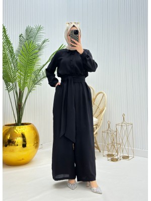 Yarım Düğmeli Kemerli Beli Lastikli Tulum -Siyah