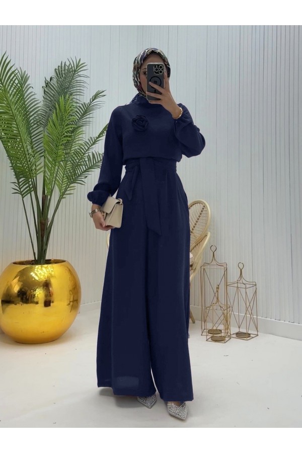 Rose Jumpsuit with Stand Collar and Belt  -Navy blue