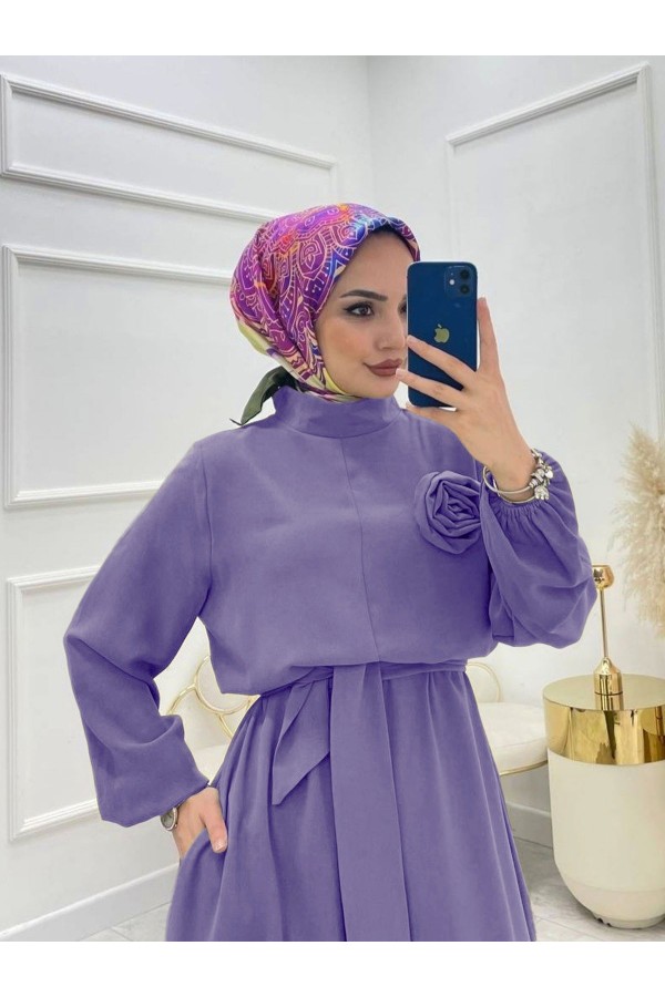 Rose Jumpsuit with Stand Collar and Belt -Lilac