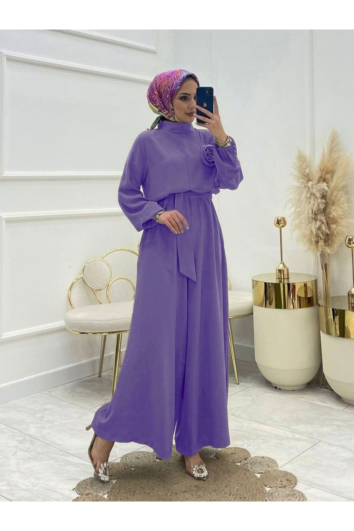 Rose Jumpsuit with Stand Collar and Belt -Lilac