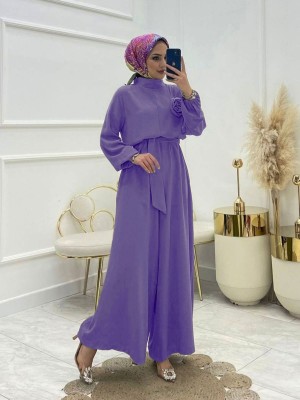 Dik Yaka Kemerli Güllü Tulum -Lila