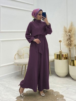 Dik Yaka Kemerli Güllü Tulum -Mor