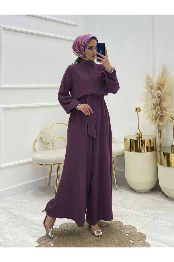 Rose Jumpsuit with Stand Collar and Belt - Purple