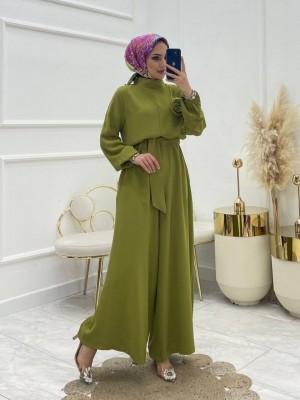 Dik Yaka Kemerli Güllü Tulum -Yağ Yeşili