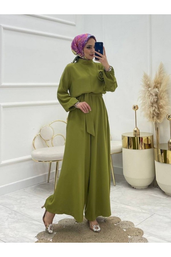 Rose Jumpsuit with Stand Collar and Belt -Oil Green