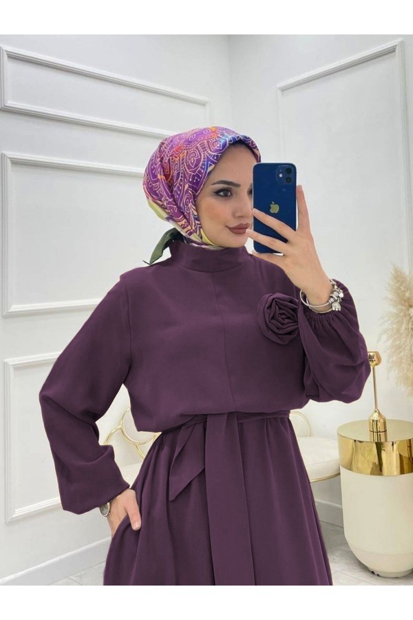 Rose Jumpsuit with Stand Collar and Belt - Purple