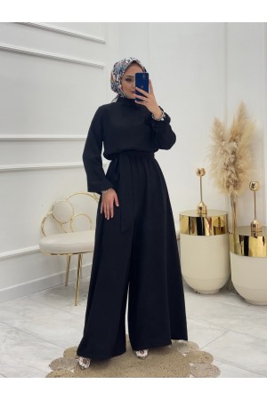 جمبسوت وردي بحزام وياقة واقفة -أسود