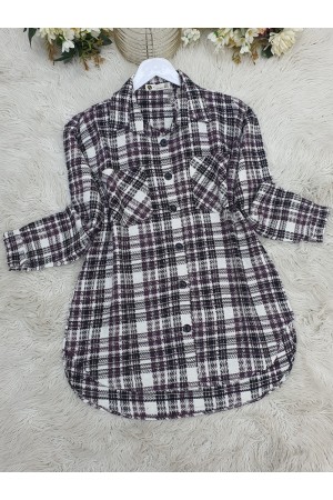 Buttoned Double Pocket Tweed Shirt -Damson