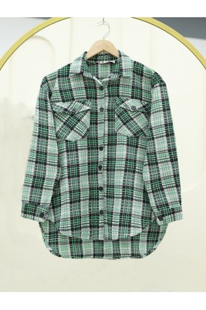 Tweed Shirt with Flap Pocket    -Dark green