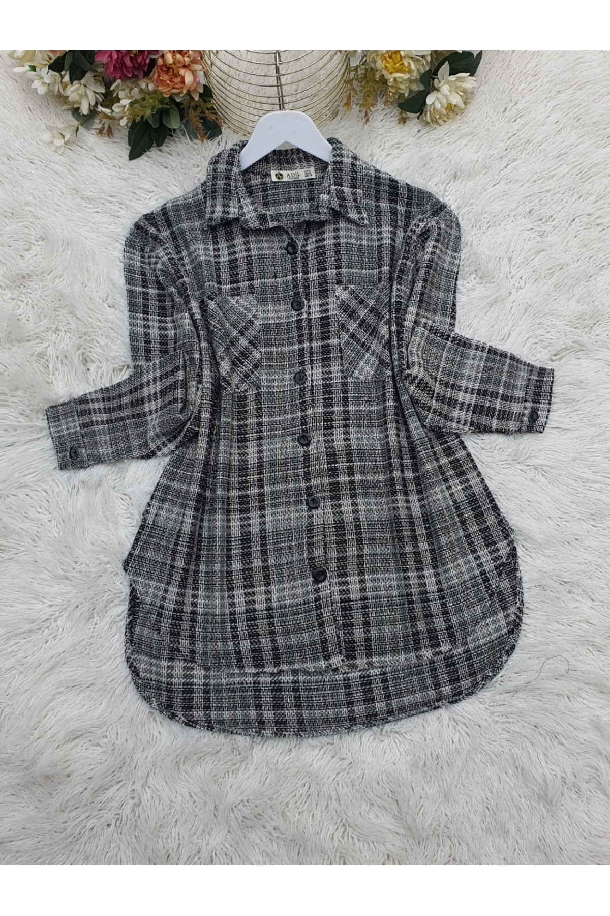 Buttoned Double Pocket Tweed Shirt   -Mint Color