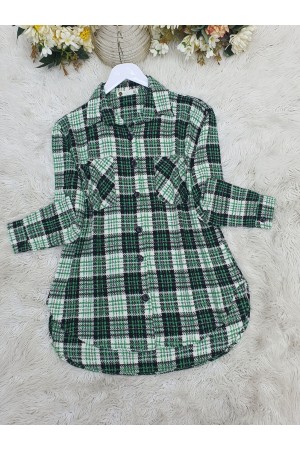 Buttoned Double Pocket Tweed Shirt -Dark green