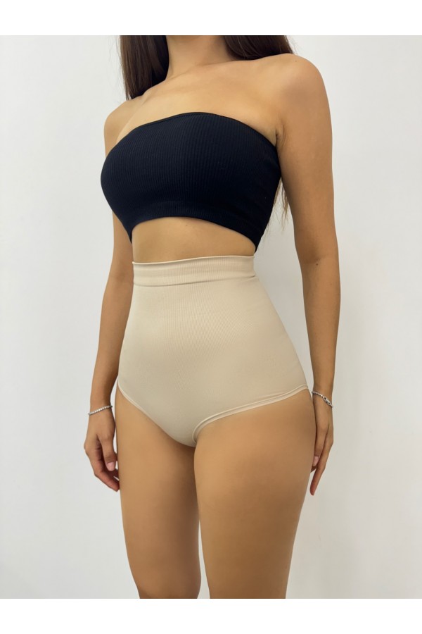 Silikonlu Uzun Bel Slip Korse -Krem