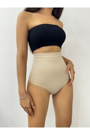 Silikonlu Uzun Bel Slip Korse -Krem