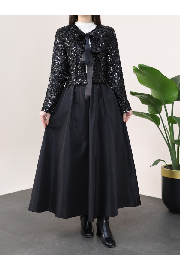 Taffeta Set with Sequined Jacket -Black