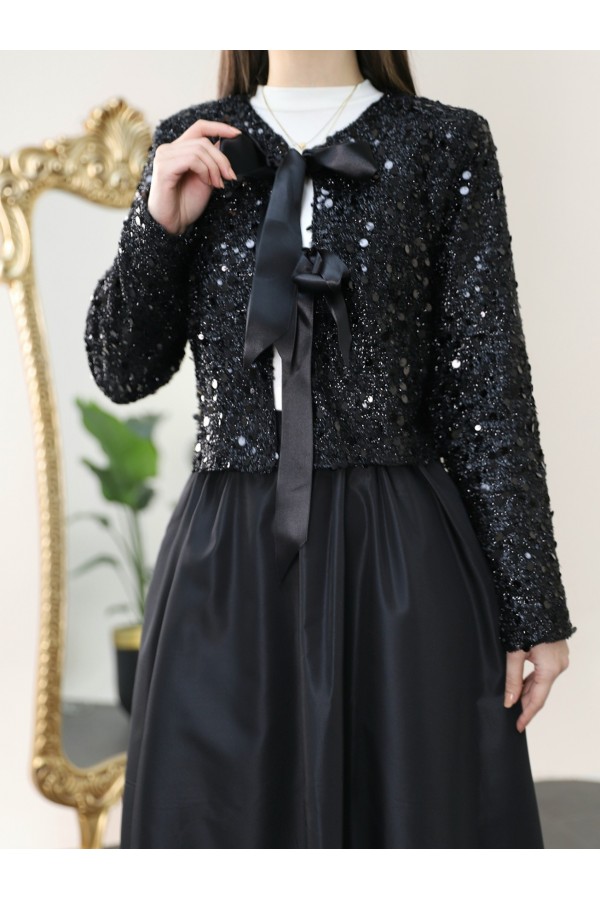 Taffeta Set with Sequined Jacket -Black
