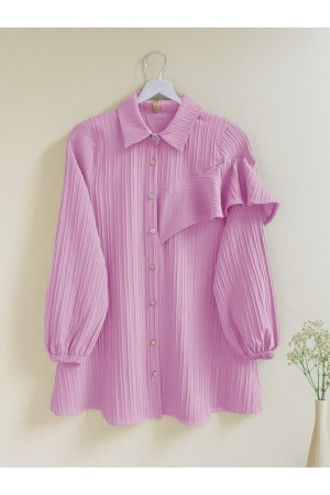 Yarım Fırfır Detaylı Kolu Lastikli Gömlek  -Pembe