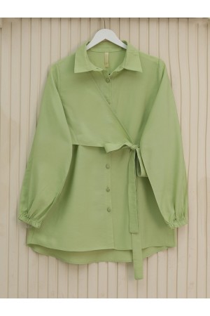 قميص بأكمام مرنة وربطة متقاطعة وأزرار -بحري