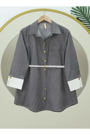 Çizgili Beli Bağcıklı Düğmeli Gömlek -Siyah