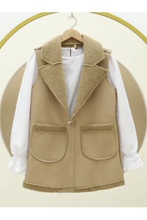 İçi Kuzu Peluş Çift Cepli Yelek  -Açık Vizon