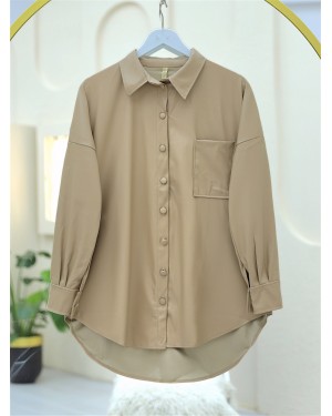Single Pocket Oval Cut Leather Shirt - Beige