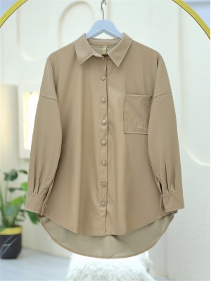 Tek Cepli Oval Kesim Deri Gömlek -Bej