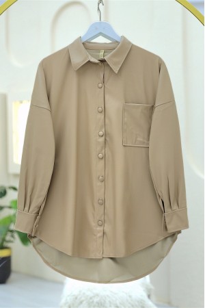 Tek Cepli Oval Kesim Deri Gömlek -Bej