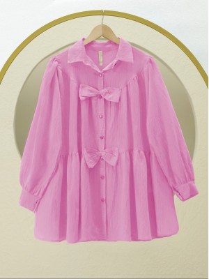 Önü Fiyonk Detaylı Parçalı Gömlek -Pembe