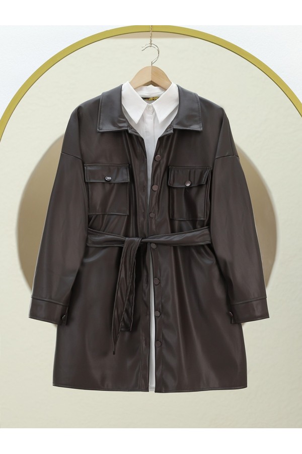 Waist Tied Double Pocket Leather Shirt -Dark Coffee