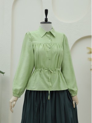 Tünel Bağcıklı Düğmeli Gömlek Bluz -F.Yeşili