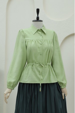 Tünel Bağcıklı Düğmeli Gömlek Bluz -F.Yeşili