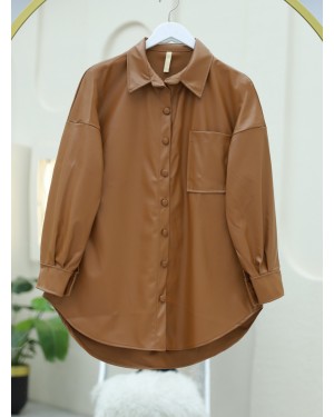 Single Pocket Oval Cut Leather Shirt -Snuff