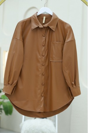 Tek Cepli Oval Kesim Deri Gömlek -Taba