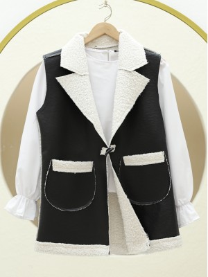 İçi Kuzu Peluş Çift Cepli Yelek   -Ekru