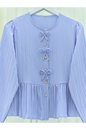 Buttoned Blouse with Elastic Sleeves and Bow Detail on the Front -Blue