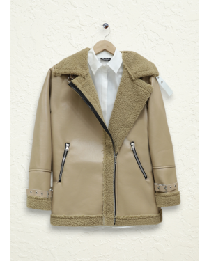 جاكيت جلدي داخلي من القطيفة بسحاب -بيج كاشف