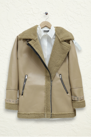 Fermuarlı İçi Peluşlu Deri Ceket -Açık Vizon