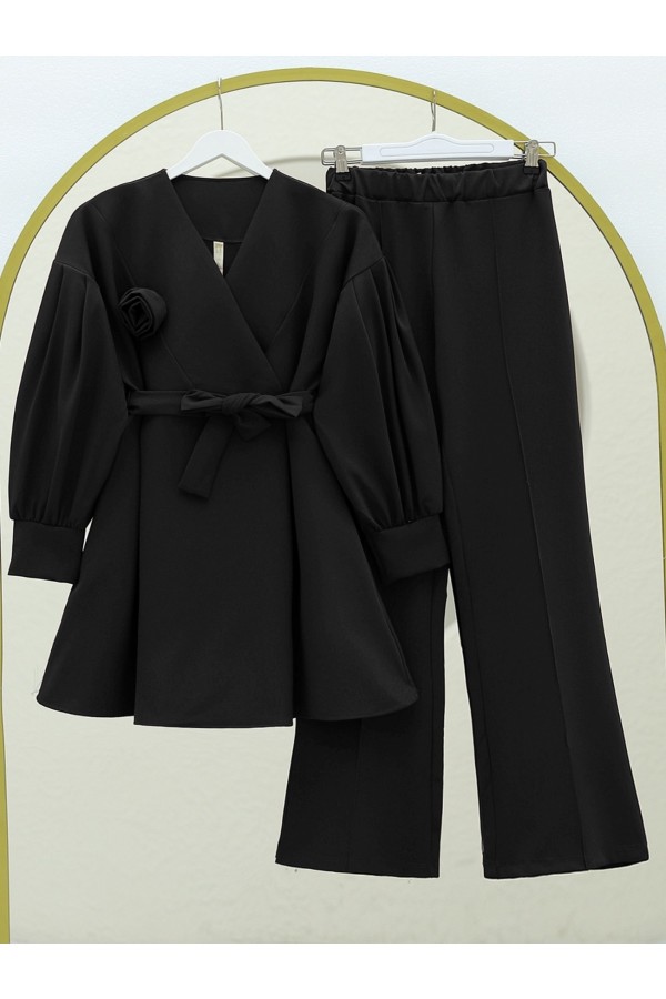 Cross Collar Rose Detail Belted Two Piece Suit -Black