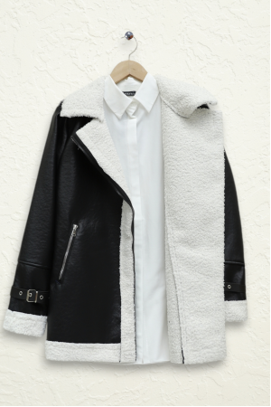 Fermuarlı İçi Peluşlu Deri Ceket -Ekru