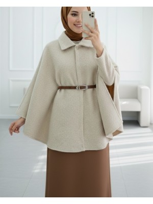 Tek Düğmeli  Beli Kemerli  Sakallı Panço  -Bej