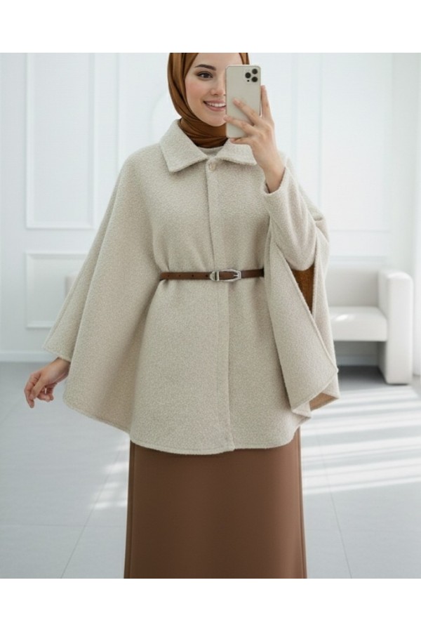 Single Buttoned Belted Bearded Poncho - Beige