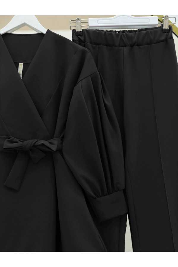 Cross Collar Rose Detail Belted Two Piece Suit -Black