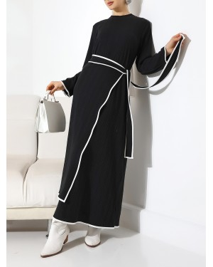 Stand Collar Knitted Crepe Waist Tied Two Piece Dress -Black