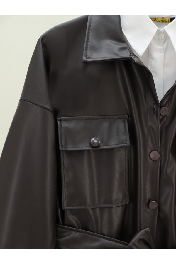 Waist Tied Double Pocket Leather Shirt -Dark Coffee